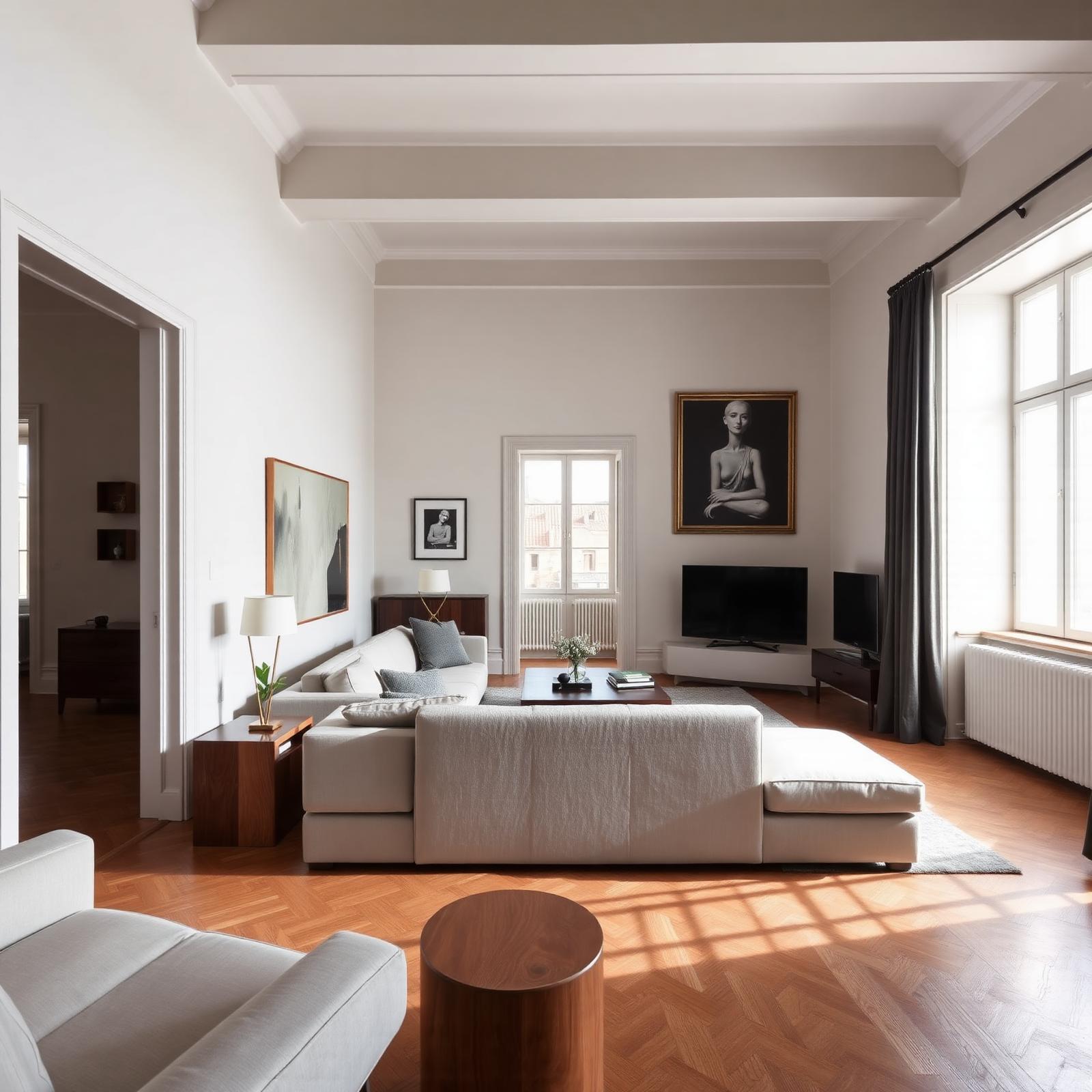 Sala renovada de um apartamento no Porto com pavimento em madeira e luz natural